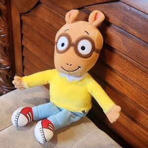 Yellow Arthur-Inspired Plush Toy with Blue Pants and Red Shoes